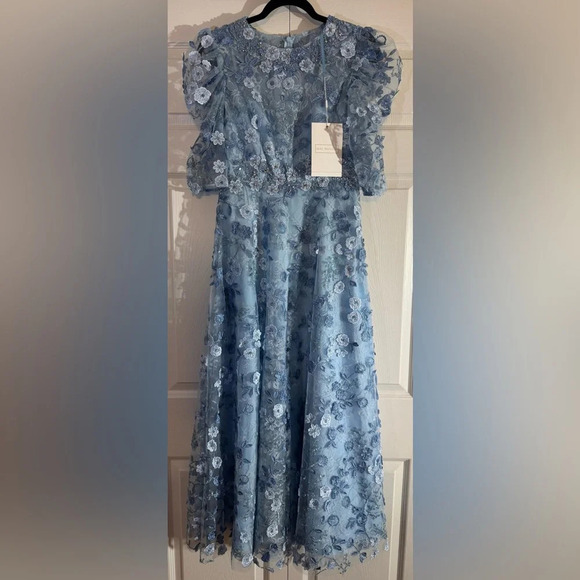 MAC DUGGAL Applique High Neck Puff Sleeve A Line Dress NWT - Picture 5 of 11